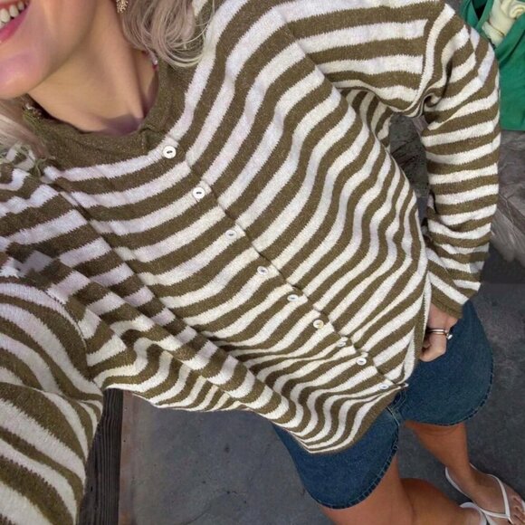 Brown Casual Women's Vivid Style Street Striped Knit Cardigan sweater - Picture 1 of 7